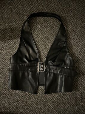 Black Faux Leather Halter Crop Top with Buckle